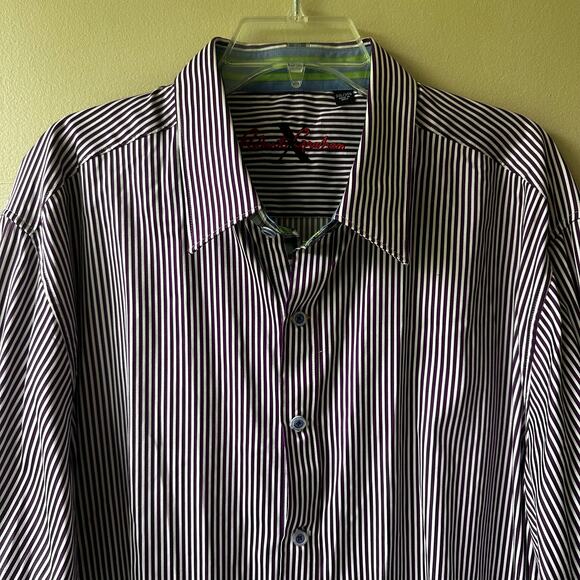 Robert Graham X Striped Button Down Flip Cuff Dress Shirt Cotton Purple Mens 3XL - Picture 2 of 16